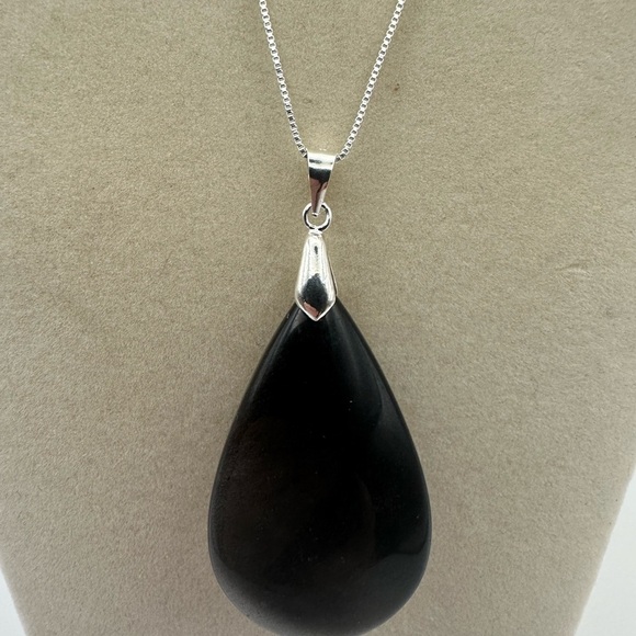 Natural Silver Sheen Black ObsidianTeardrop Pendant Necklace - Picture 7 of 8